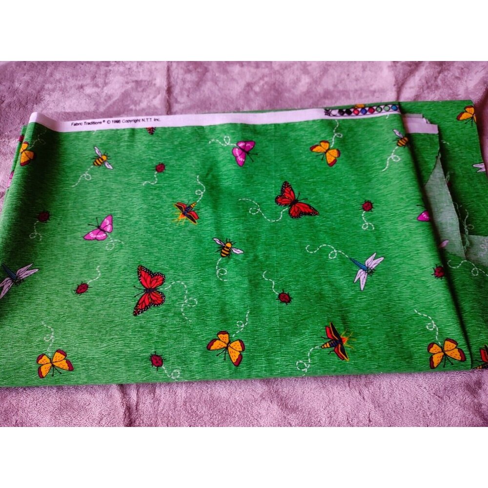 Vintage Fabric Traditions 1996 Green, Bugs Insects Cotton Fabric 43"x62"  1.7yds - Picture 5 of 5